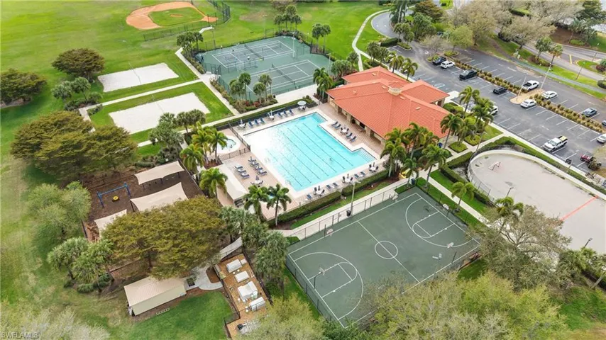 Drone / aerial view of a pool and a golf course