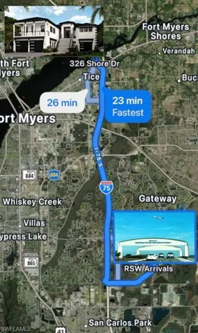 Map graphic. Illustrating the travel routes and estimated times from the property to RSW Arrivals