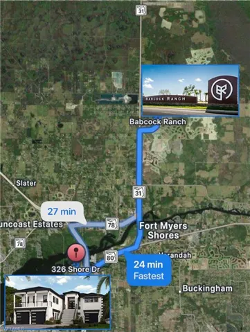 Route Map. Displaying geographical information for the property at 326 Shore Dr, including travel times to Babcock Ranch