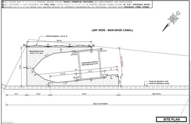 Site Plan. Illustrating the permitted dock and boat lift dimensions and placement relative to the property's seawall and canal frontage