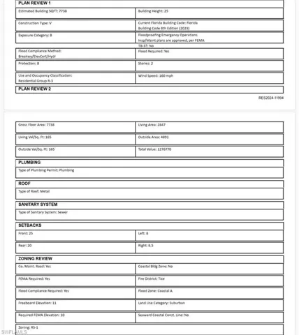 Plan Review Document. Outlining property specifications, flood compliance details, and zoning information