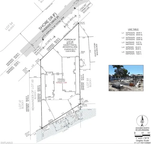 Survey Plat. Depicting boundary lines, adjacent properties, and site features of the property, including a line table for precise measurements
