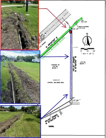 Site Plan and Utility Placement. Illustrating water line routing from LCU main to dock