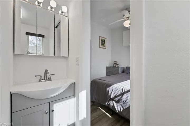 Ensuite bathroom with vanity, dark wood-style flooring, and ceiling fan