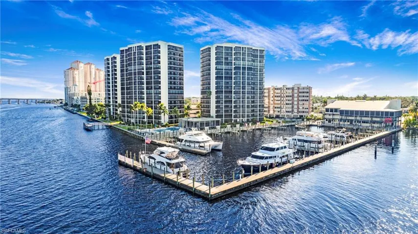 Dock area featuring a water view and a view of city