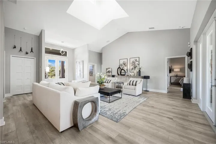Living room featuring french doors, a skylight, high vaulted ceiling, and light hardwood / wood-style flooring