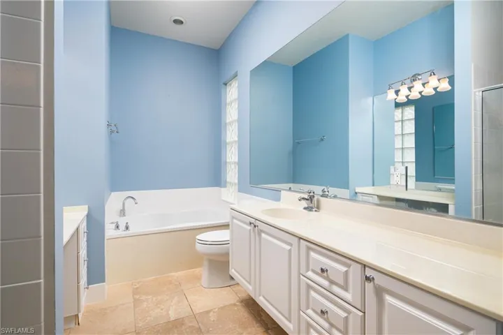 Primary bathroom featuring a garden tub, plenty of natural light, vanity, and toilet