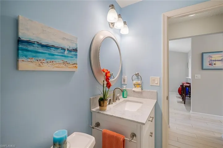 Bathroom featuring wood-type flooring and vanity