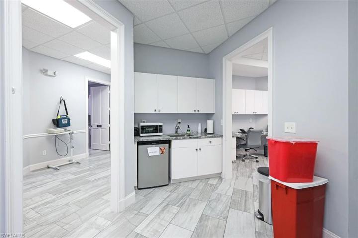 The entrance to a medical equipment and work and storage area.
