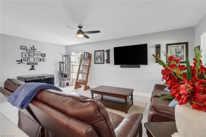 The cozy family room is just of the kitchen