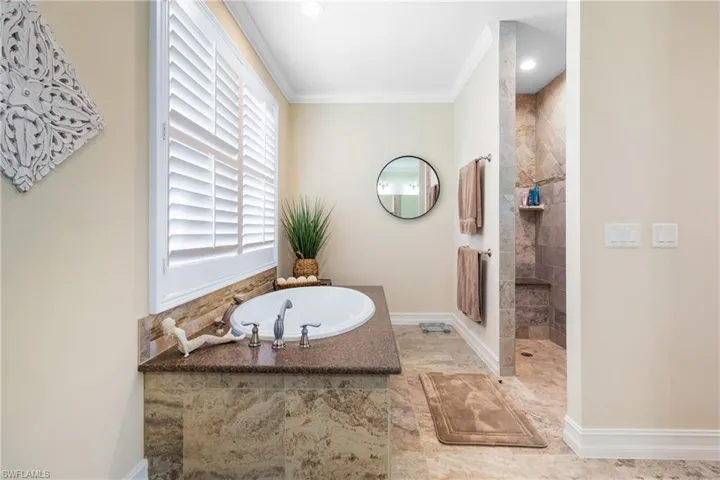 Bathroom featuring separate shower and tub and ornamental molding