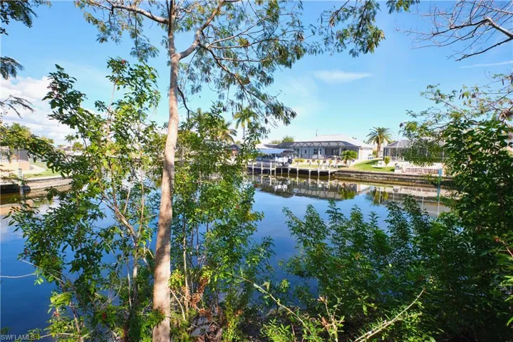 Waterfront setting featuring mature trees and lush vegetation