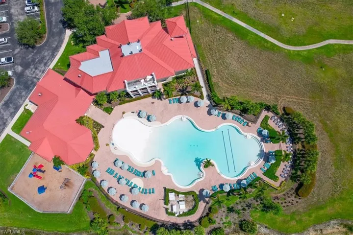 Aerial view of resort lagoon style pool.