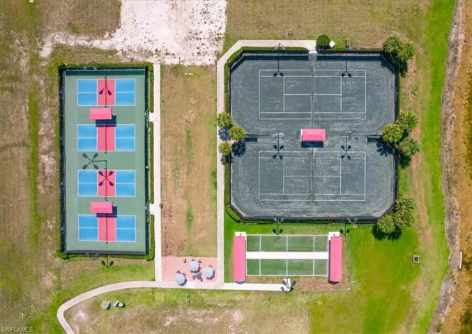 View of tennis, bocce ball and pickle ball courts.