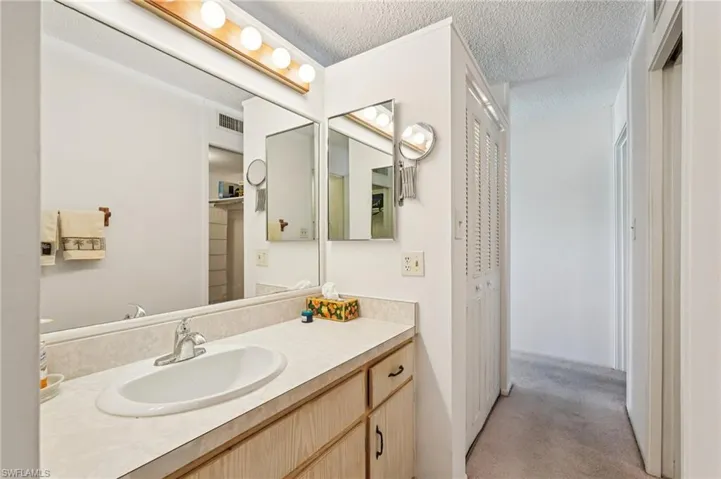 Bathroom featuring vanity, a textured ceiling, light colored carpet, and a closet