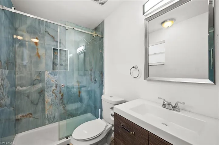 Bathroom with vanity, toilet, and walk in shower