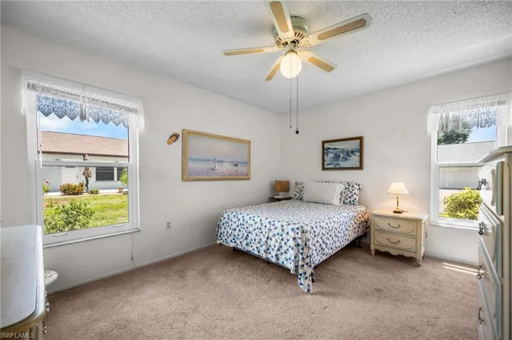 Carpeted flooring, ceiling fan with integrated lighting, and two windows providing natural illumination