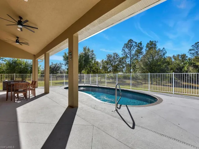 View of pool with a patio, a fenced backyard, and outdoor dining space