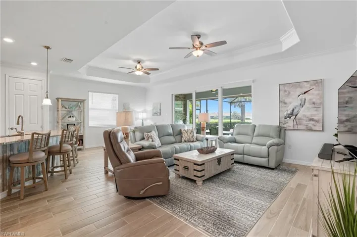 Living area featuring a tray ceiling, light wood-type flooring, ornamental molding, and plenty of natural light