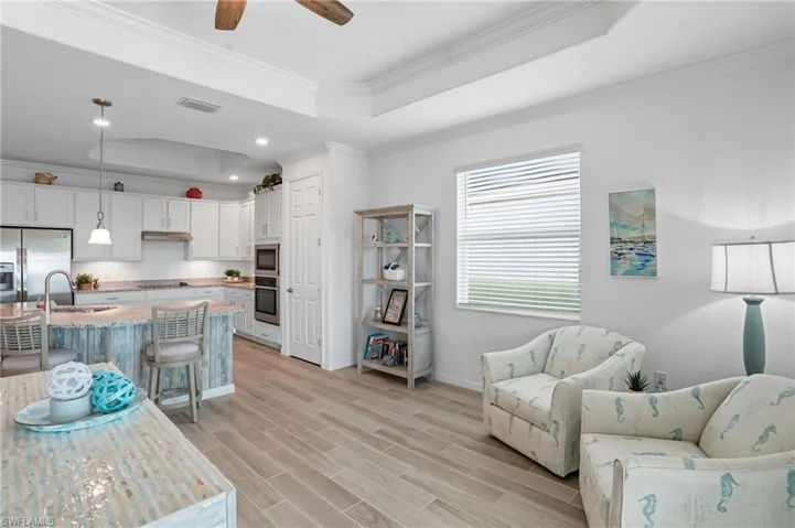 Living area featuring a raised ceiling, ornamental molding, wood tiled floors, and a ceiling fan