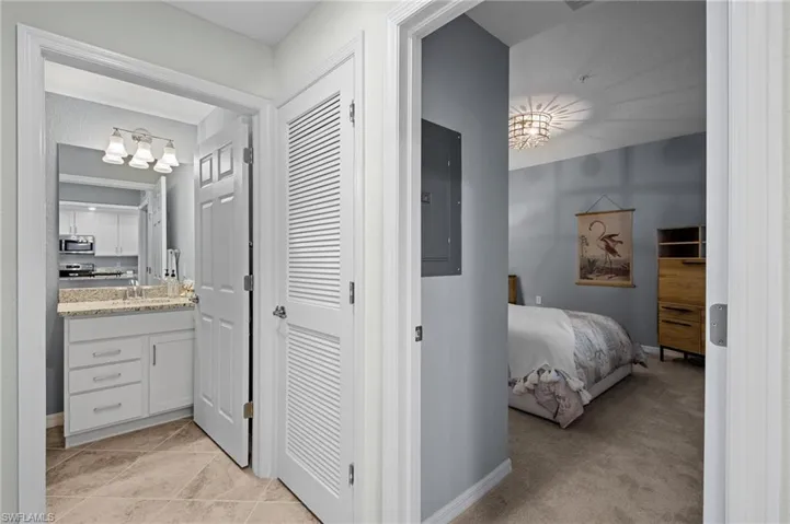 Ensuite bathroom with electric panel, vanity, a chandelier, and a closet