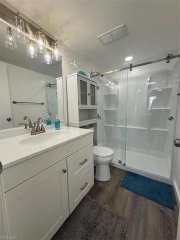 Bathroom featuring dark wood-style flooring, vanity, and a shower stall