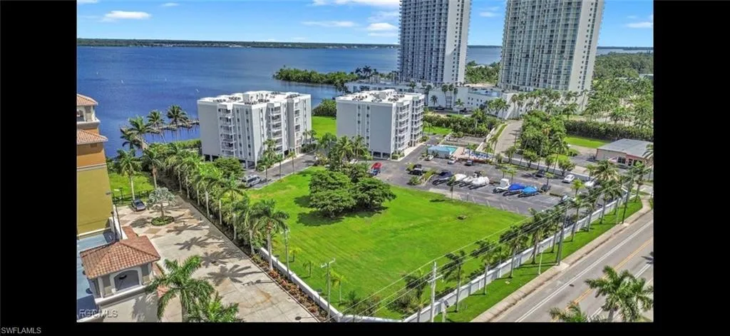 Aerial view of a nearby body of water