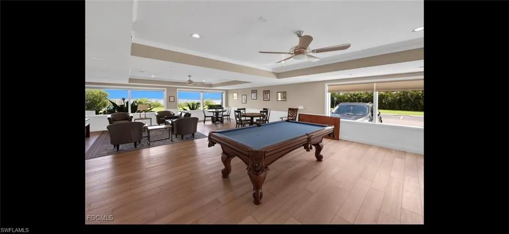 Game room featuring billiards table, crown molding, ceiling fan, and recessed lighting
