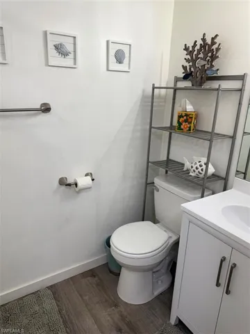 Bathroom with dark wood finished floors and vanity