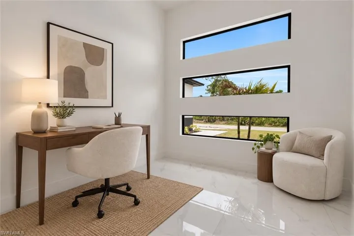 Wall-mounted rectangular windows, white wall finishes, and polished floor tiles