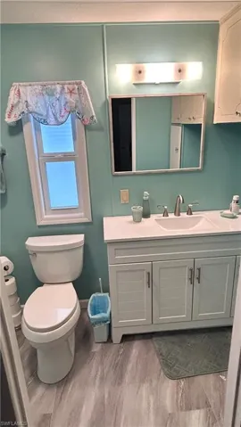 Bathroom with vanity and dark wood-style flooring