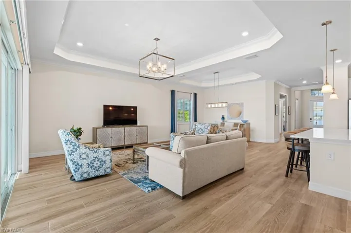Living room with a raised ceiling, plenty of natural light, and light wood-type flooring