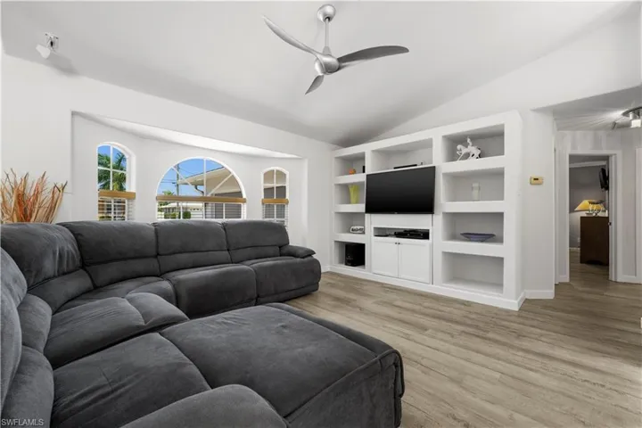 Living room with built in shelves