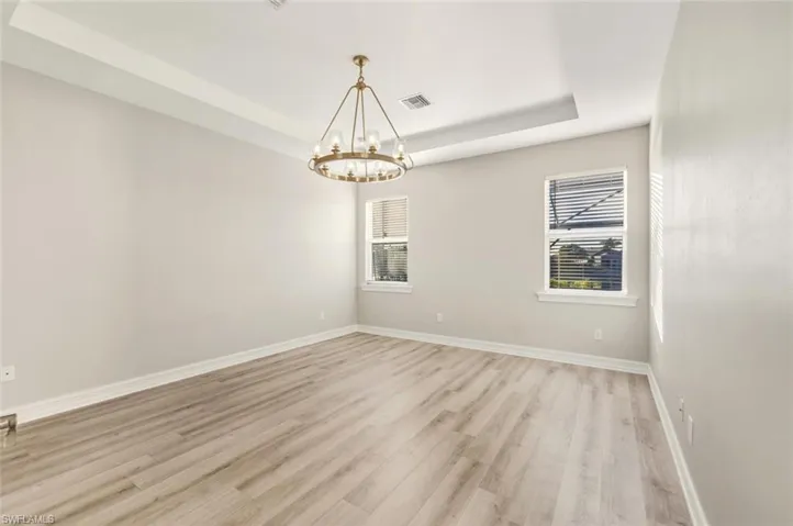 Empty room featuring a raised ceiling, light wood-style floors, and suspended lighting