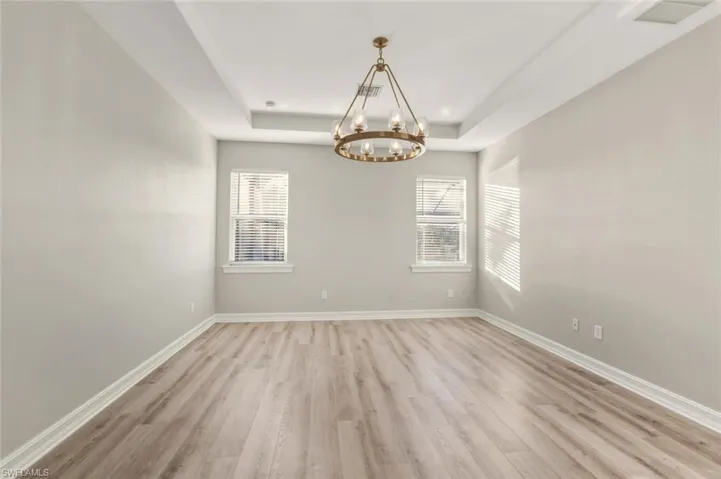 Spare room featuring hanging lights, light wood-style floors, and a raised ceiling