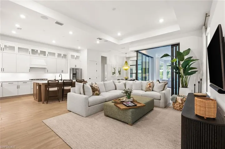 Living area featuring light wood-style floors, a raised ceiling, and recessed lighting