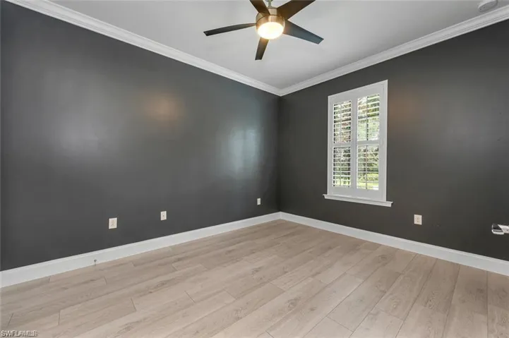 Empty room featuring crown molding, a ceiling fan, and light wood-type flooring