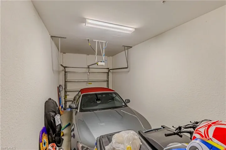 Garage with a textured wall