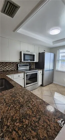Kitchen with dark stone counters, stainless steel appliances, a tray ceiling, white cabinetry, and backsplash