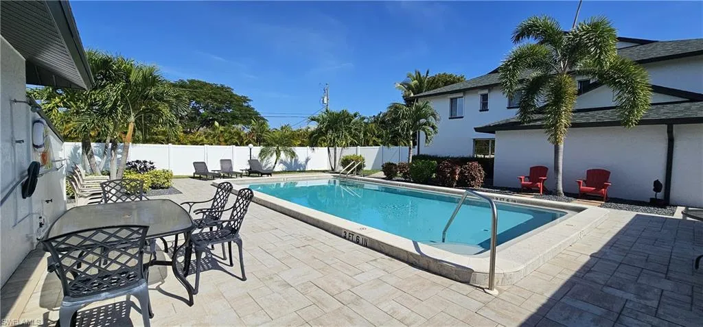 View of swimming pool featuring a patio, a fenced backyard, and outdoor dining area