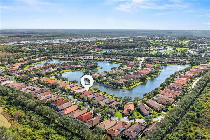 Aerial perspective of suburban area featuring a nearby body of water