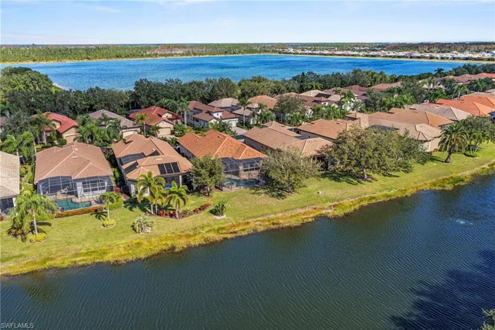 Aerial perspective of suburban area featuring a large body of water