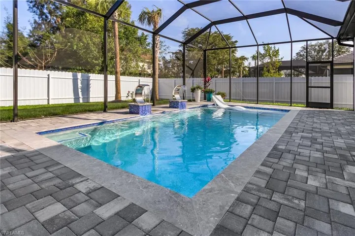 View of swimming pool featuring a patio, a fenced backyard, a fenced in pool, and a lanai