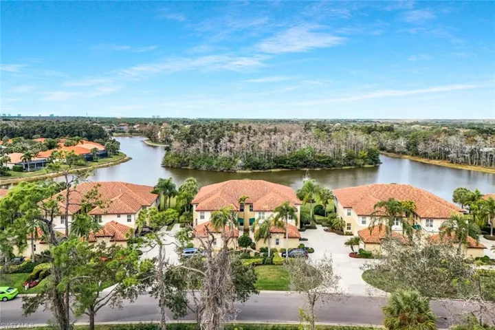 Aerial view of residential area with a nearby body of water