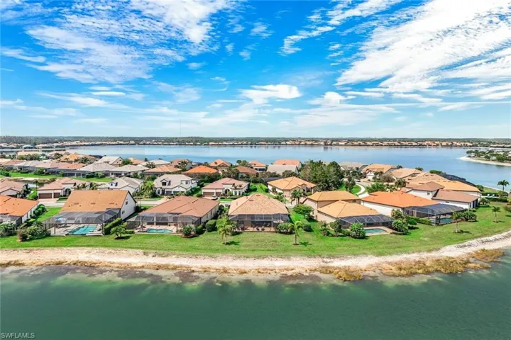 Aerial perspective of suburban area with a large body of water