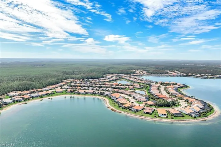 Aerial perspective of suburban area featuring a nearby body of water