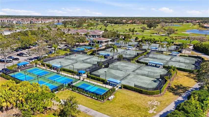 Extensive sports complex featuring multiple tennis courts and pickleball courts