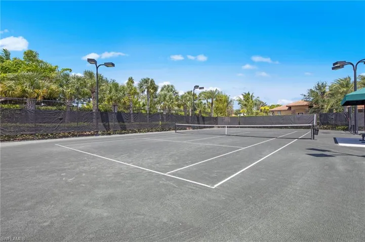 Asphalt tennis court with white line markings, surrounded by a black privacy screen and mature palm trees