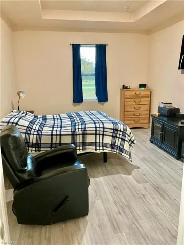Bedroom with a raised ceiling and light hardwood / wood-style flooring