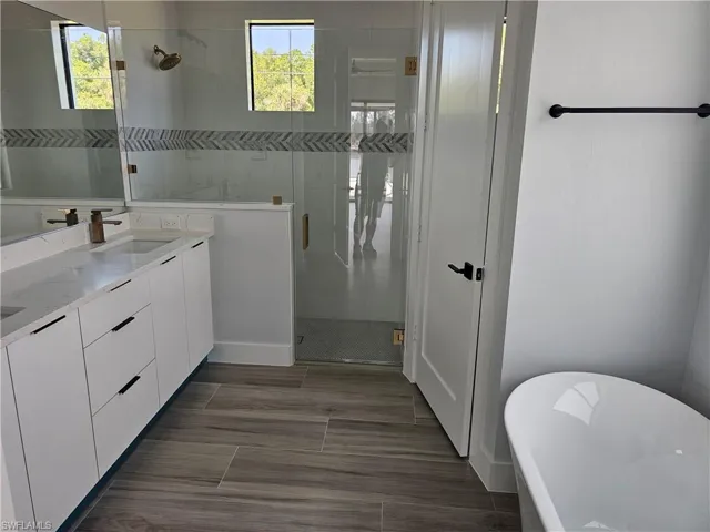 Full bathroom featuring a healthy amount of sunlight, a stall shower, a sink, and a soaking tub